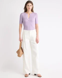 Split-Neck Elbow-Sleeve Ribbed Sweater