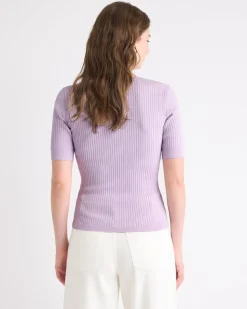 Split-Neck Elbow-Sleeve Ribbed Sweater