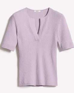 Split-Neck Elbow-Sleeve Ribbed Sweater