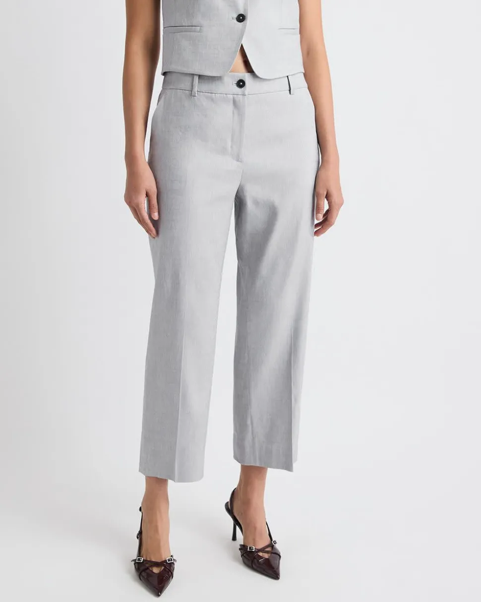 Straight-Leg Mid-Rise Grey-Linen Ankle Pant