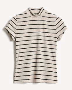Striped Cap-Sleeve Mock-Neck Top