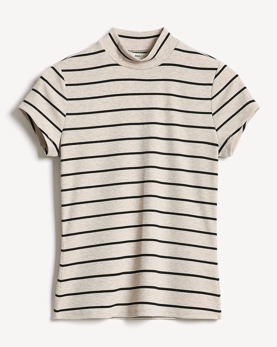 Striped Cap-Sleeve Mock-Neck Top