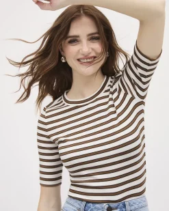 Striped Elbow-Sleeve Crew-Neck Fitted Tee
