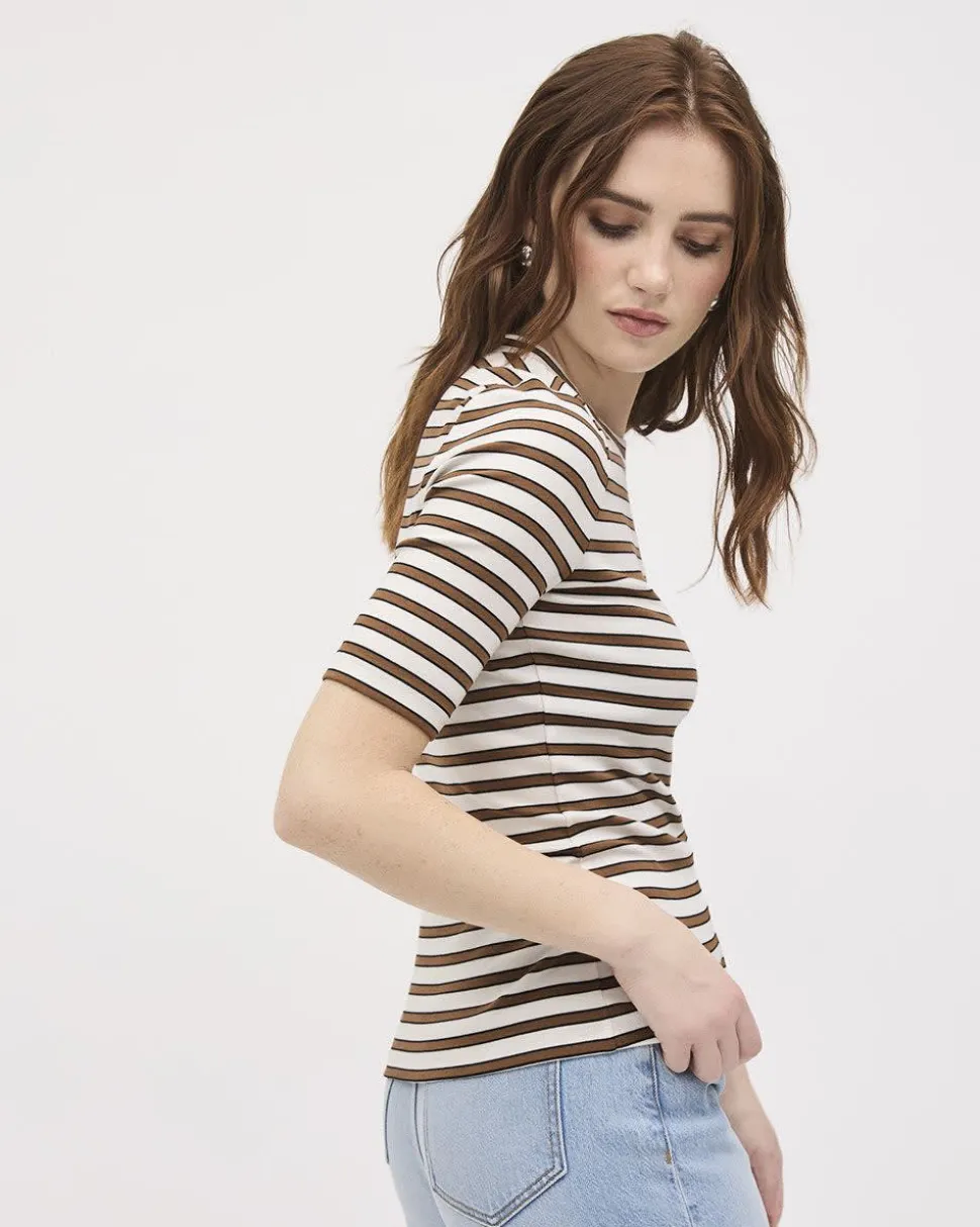 Striped Elbow-Sleeve Crew-Neck Fitted Tee