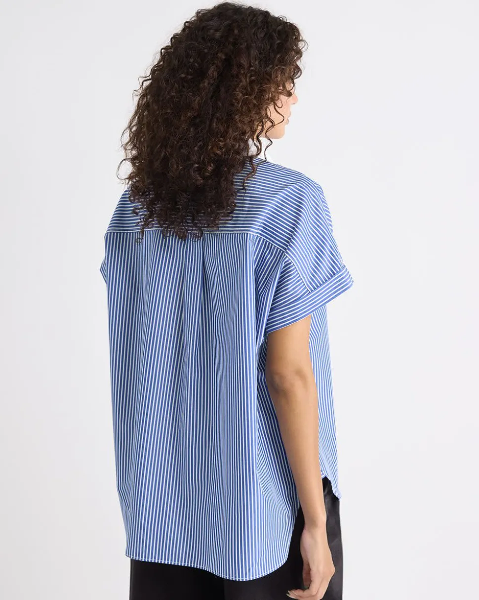 Striped Extended-Sleeve Poplin Bib Blouse with Shirt Collar