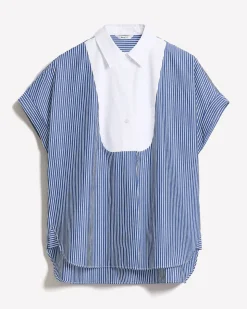 Striped Extended-Sleeve Poplin Bib Blouse with Shirt Collar