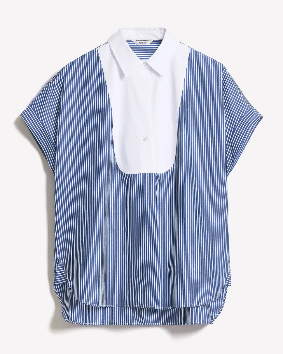 Striped Extended-Sleeve Poplin Bib Blouse with Shirt Collar