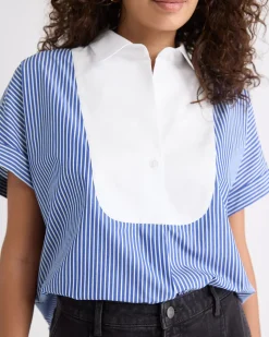 Striped Extended-Sleeve Poplin Bib Blouse with Shirt Collar