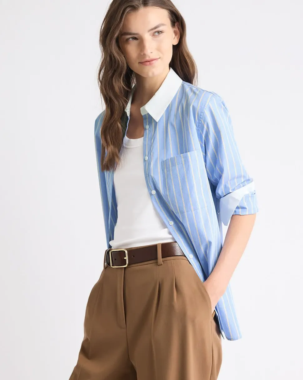 Striped Long-Sleeve Buttoned-Down Poplin Blouse with Contrasting Details