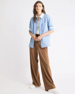 Striped Long-Sleeve Buttoned-Down Poplin Blouse with Contrasting Details