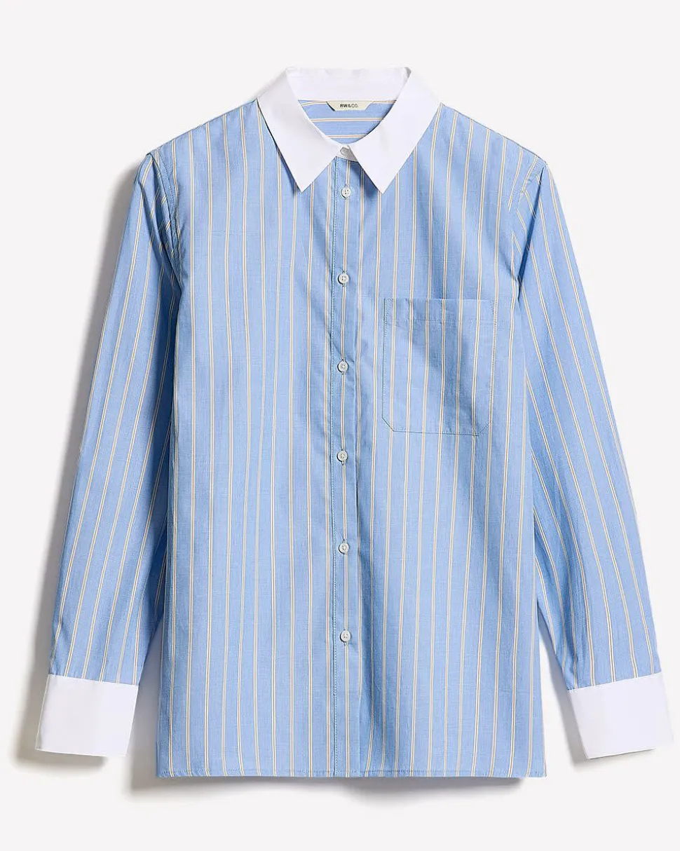 Striped Long-Sleeve Buttoned-Down Poplin Blouse with Contrasting Details