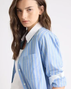 Striped Long-Sleeve Buttoned-Down Poplin Blouse with Contrasting Details