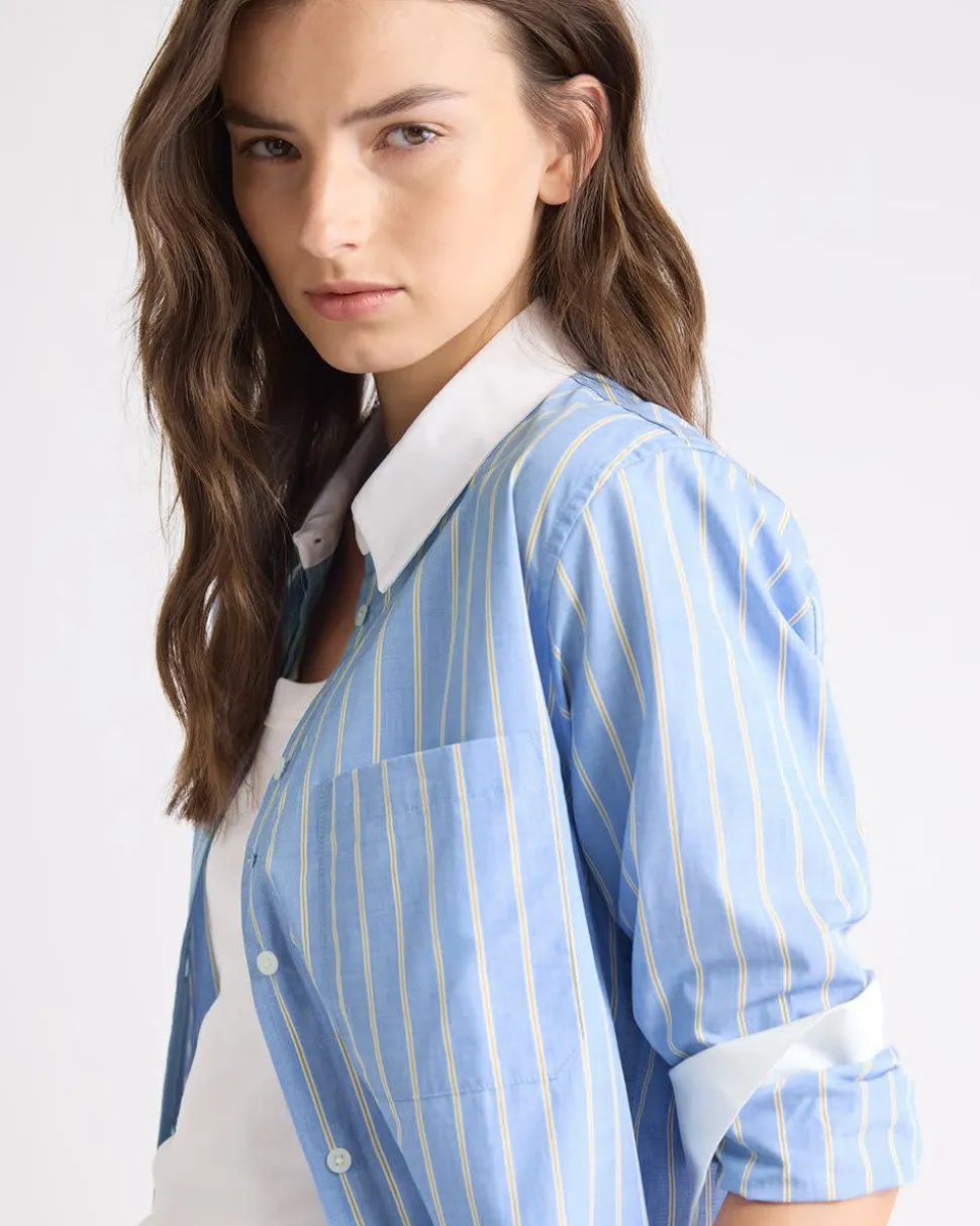 Striped Long-Sleeve Buttoned-Down Poplin Blouse with Contrasting Details