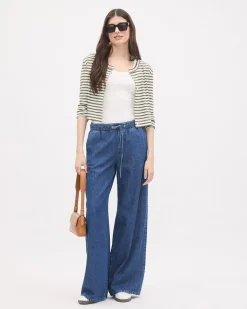 Striped Long-Sleeve Crew-Neck Ribbed Buttoned-Down Top