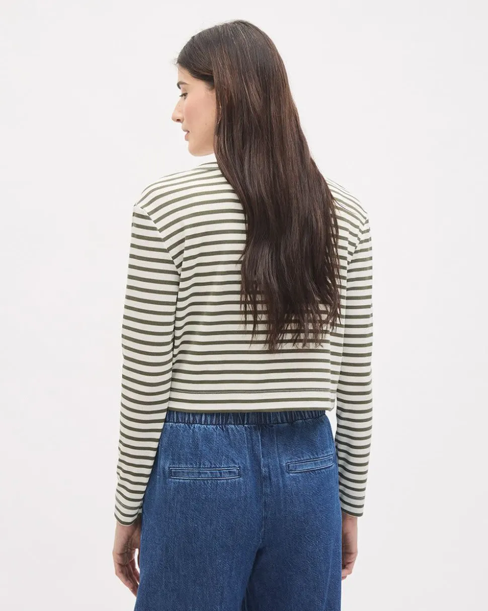 Striped Long-Sleeve Crew-Neck Ribbed Buttoned-Down Top