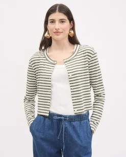 Striped Long-Sleeve Crew-Neck Ribbed Buttoned-Down Top