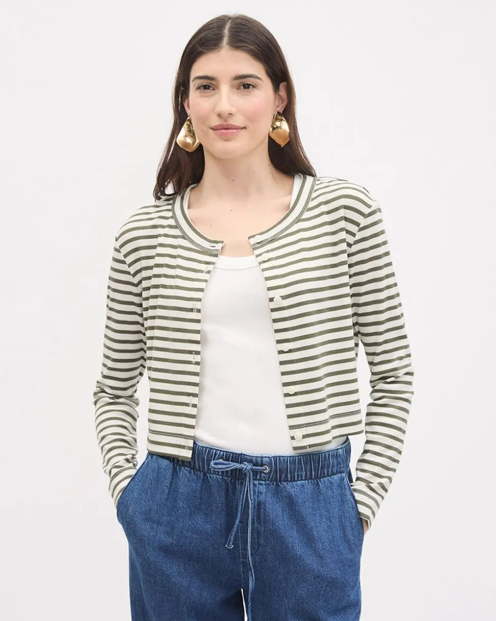 Striped Long-Sleeve Crew-Neck Ribbed Buttoned-Down Top