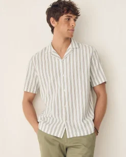 Striped Regular-Fit Short-Sleeve Cotton Shirt with Camp Collar