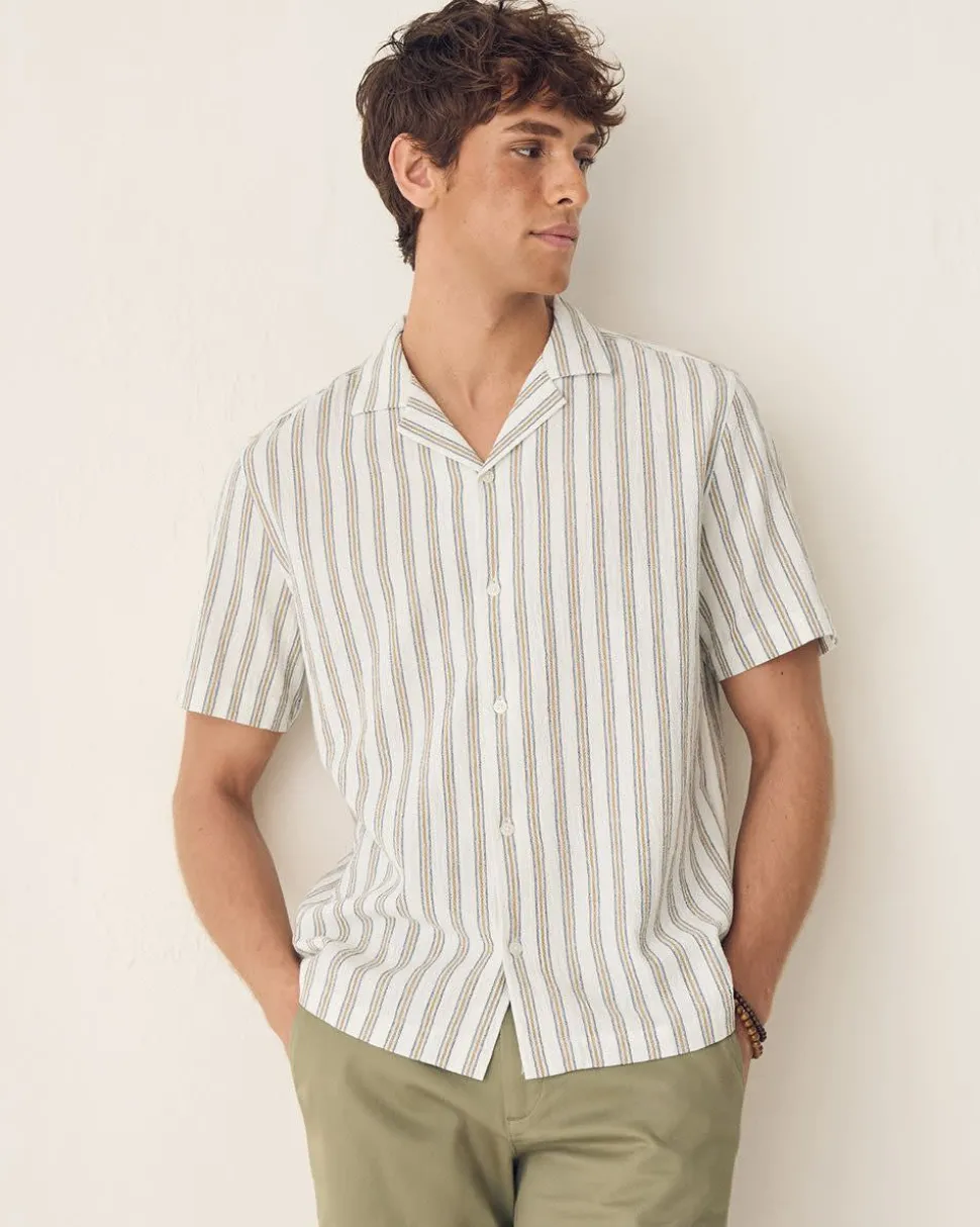 Striped Regular-Fit Short-Sleeve Cotton Shirt with Camp Collar