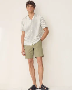Striped Regular-Fit Short-Sleeve Cotton Shirt with Camp Collar