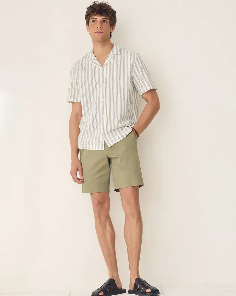 Striped Regular-Fit Short-Sleeve Cotton Shirt with Camp Collar