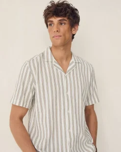 Striped Regular-Fit Short-Sleeve Cotton Shirt with Camp Collar