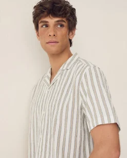 Striped Regular-Fit Short-Sleeve Cotton Shirt with Camp Collar