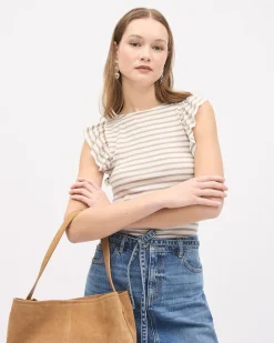 Striped Short-Flutter-Sleeve Crew-Neck Top