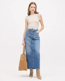 Striped Short-Flutter-Sleeve Crew-Neck Top