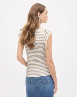 Striped Short-Flutter-Sleeve Crew-Neck Top
