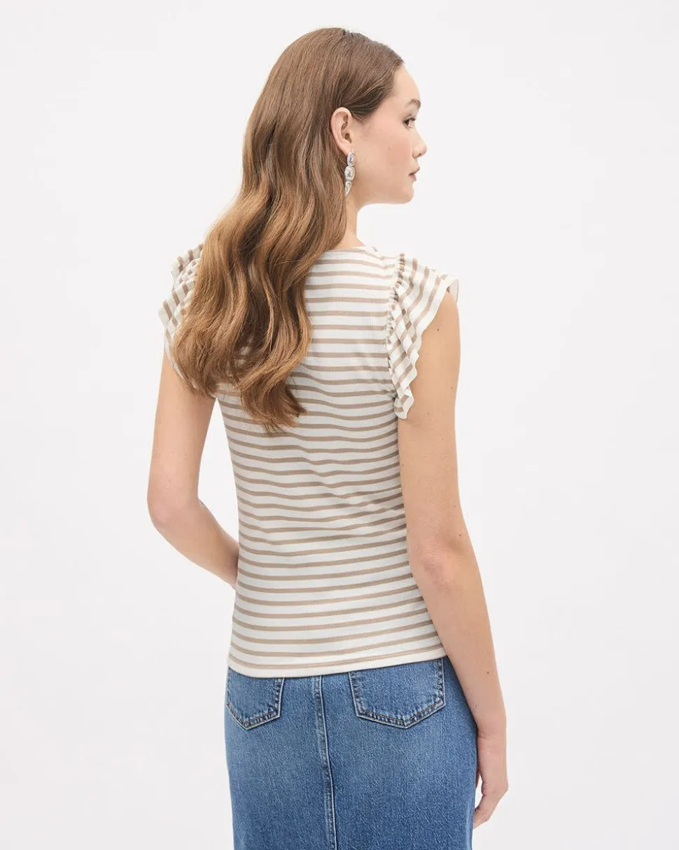 Striped Short-Flutter-Sleeve Crew-Neck Top