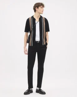 Striped Short-Sleeve Buttoned-Down Sweater with Shirt Collar