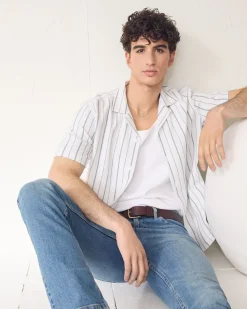 Striped Short-Sleeve Camp-Collar Textured Shirt
