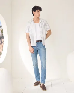 Striped Short-Sleeve Camp-Collar Textured Shirt