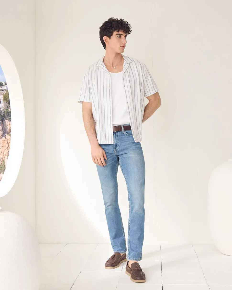 Striped Short-Sleeve Camp-Collar Textured Shirt