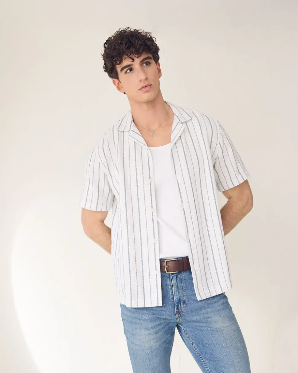 Striped Short-Sleeve Camp-Collar Textured Shirt
