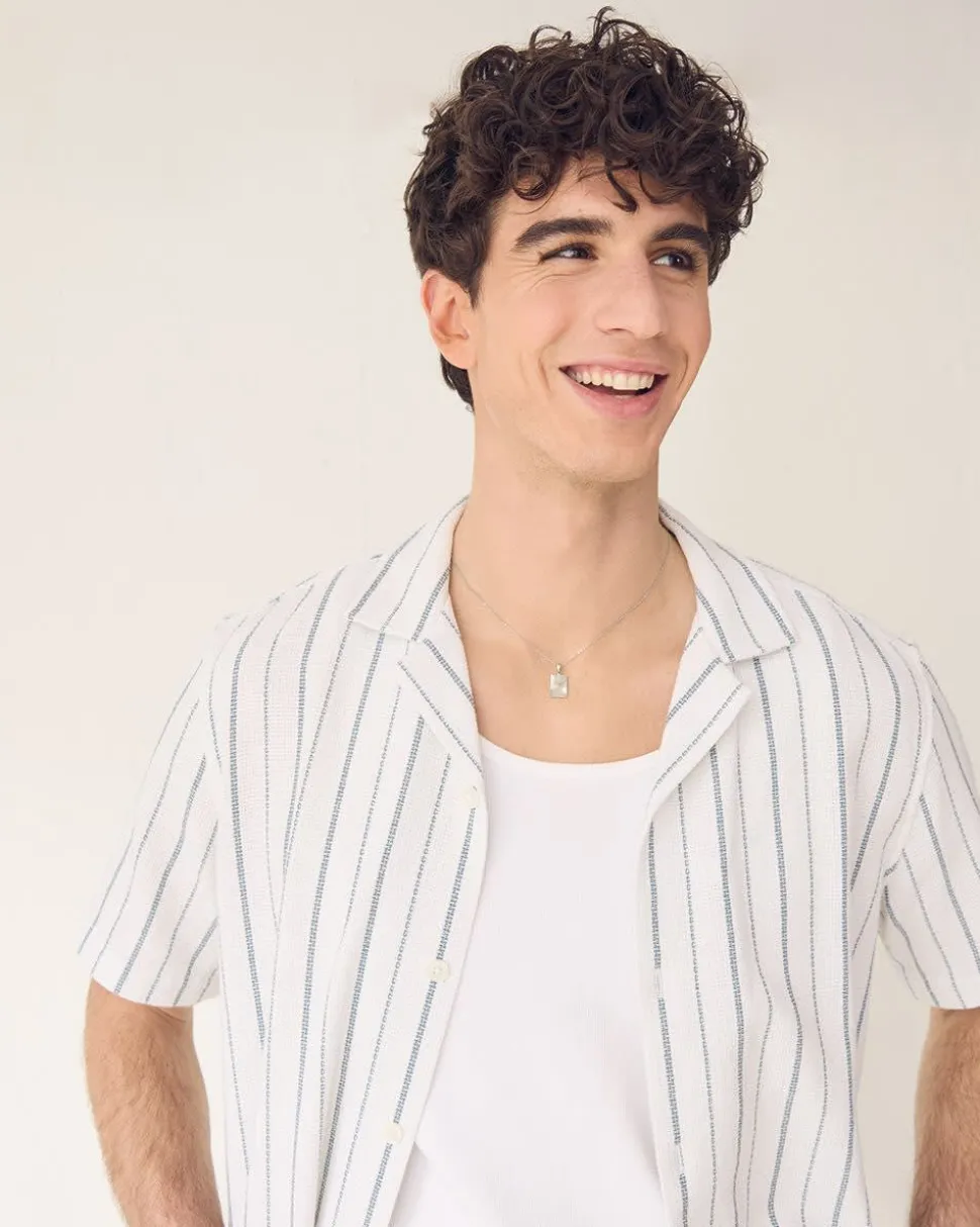 Striped Short-Sleeve Camp-Collar Textured Shirt