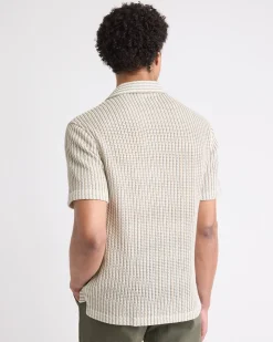 Striped Short-Sleeve Crochet Shirt with Camp Collar