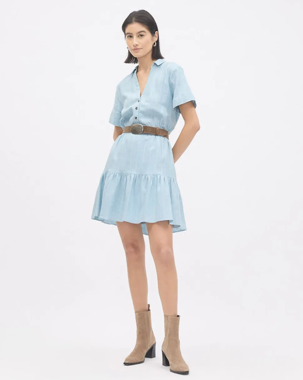 Striped Short-Sleeve Linen Dress with Shirt Collar