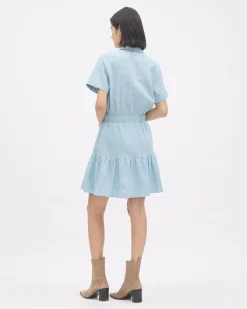 Striped Short-Sleeve Linen Dress with Shirt Collar