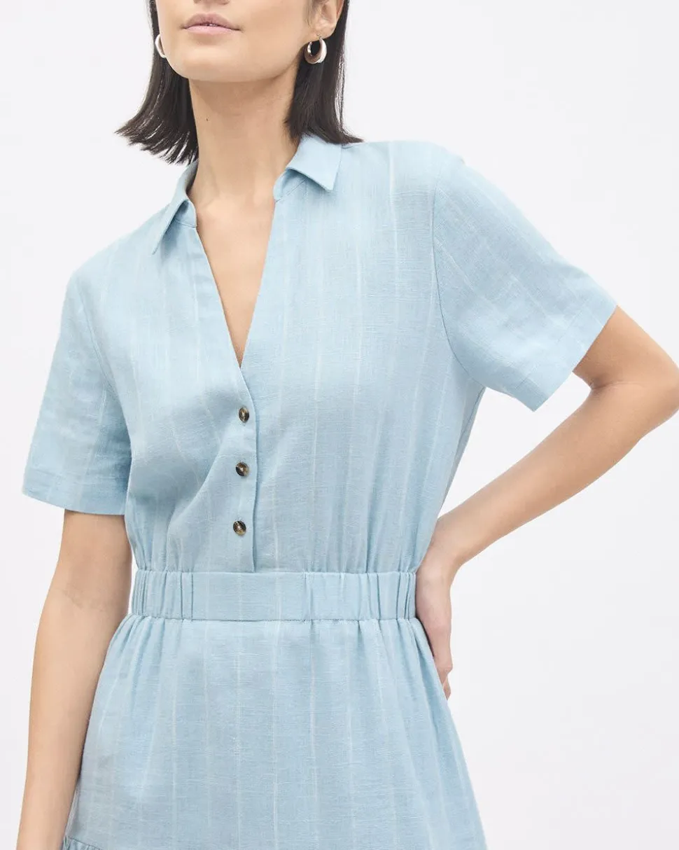 Striped Short-Sleeve Linen Dress with Shirt Collar
