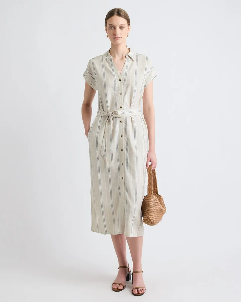 Striped Short-Sleeve Linen-Blend Midi Dress with Shirt Collar