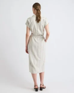 Striped Short-Sleeve Linen-Blend Midi Dress with Shirt Collar
