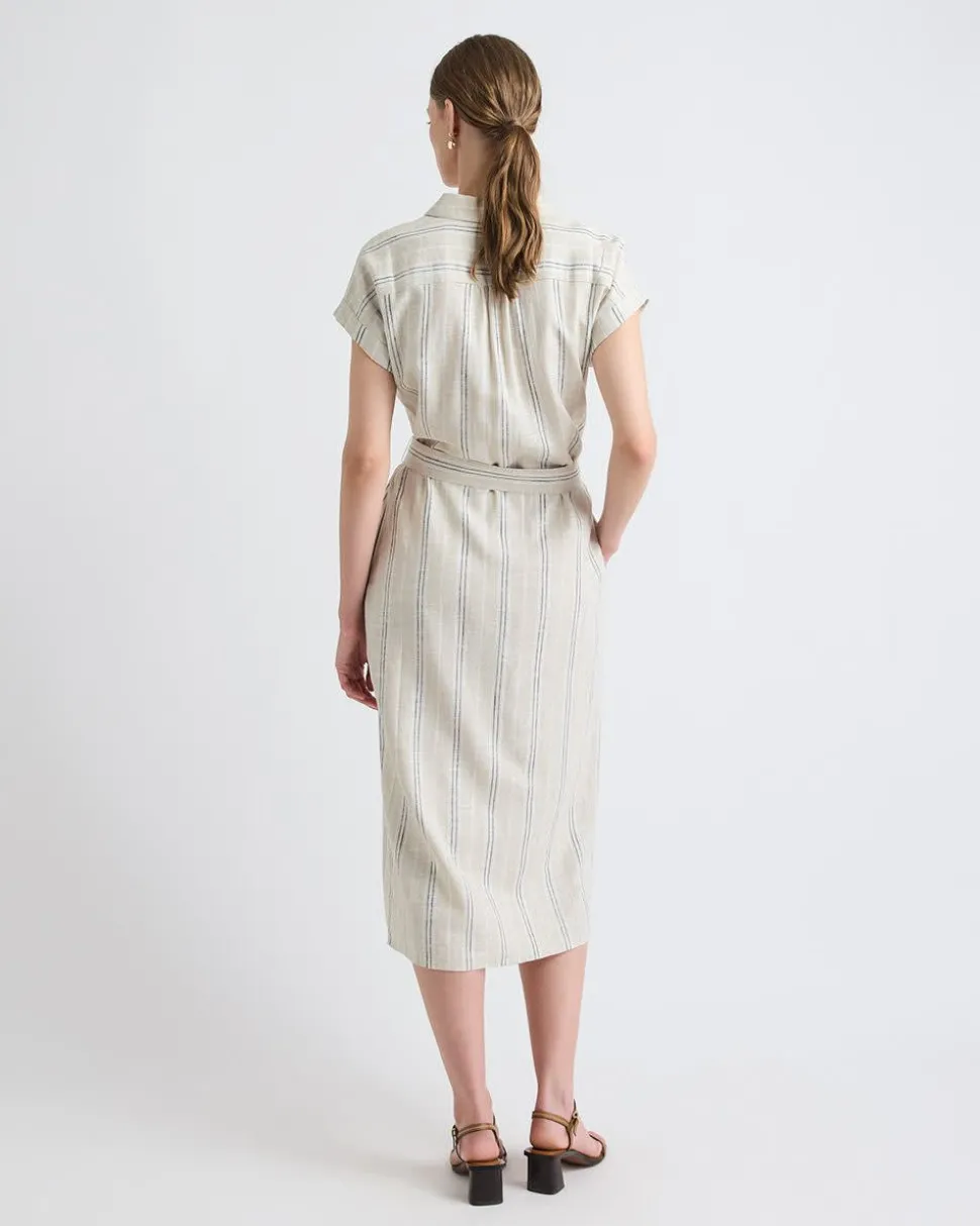 Striped Short-Sleeve Linen-Blend Midi Dress with Shirt Collar