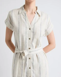 Striped Short-Sleeve Linen-Blend Midi Dress with Shirt Collar