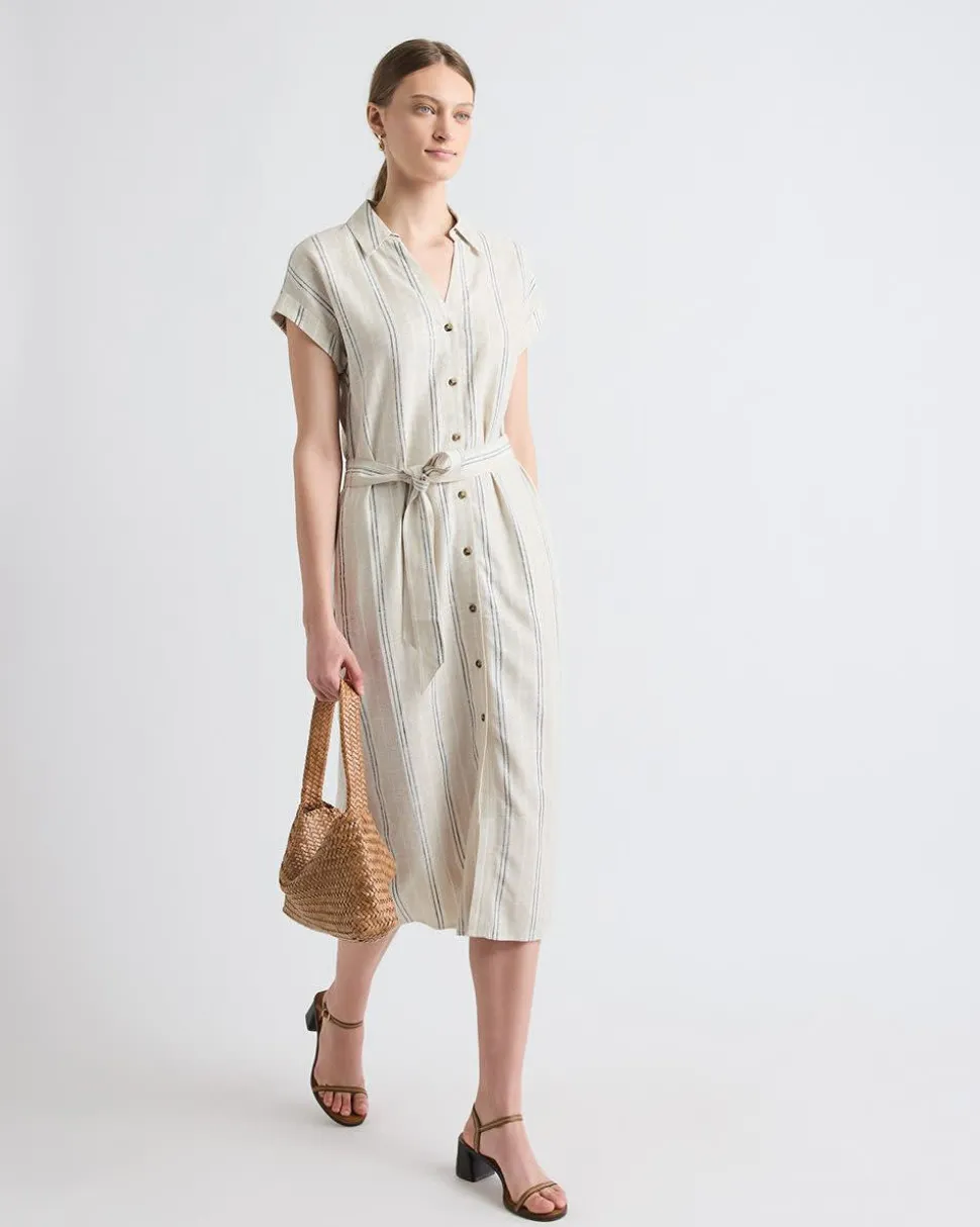 Striped Short-Sleeve Linen-Blend Midi Dress with Shirt Collar