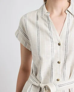 Striped Short-Sleeve Linen-Blend Midi Dress with Shirt Collar