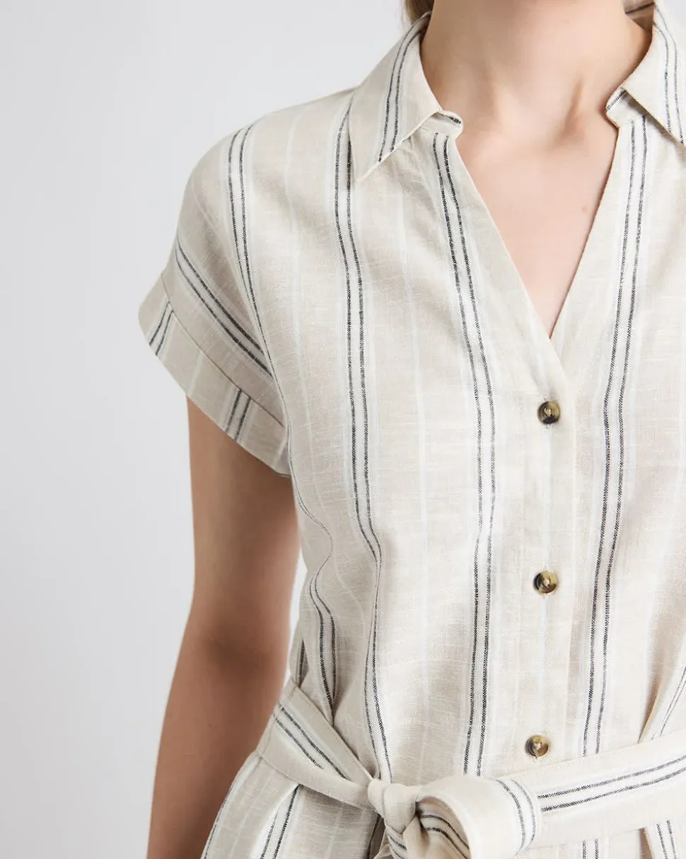 Striped Short-Sleeve Linen-Blend Midi Dress with Shirt Collar