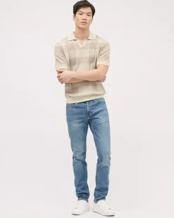 Striped Short-Sleeve Textured Polo with Johnny Collar