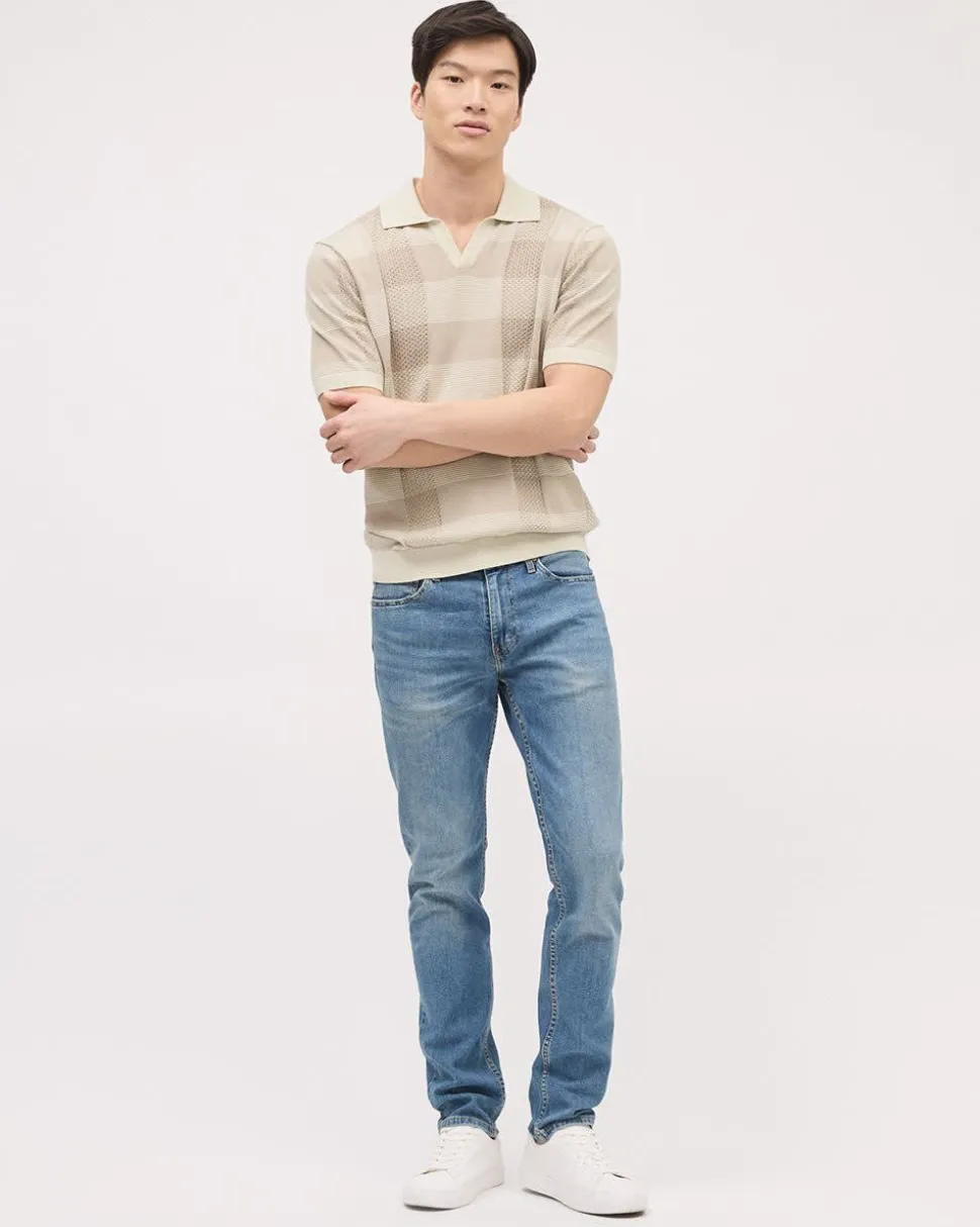 Striped Short-Sleeve Textured Polo with Johnny Collar